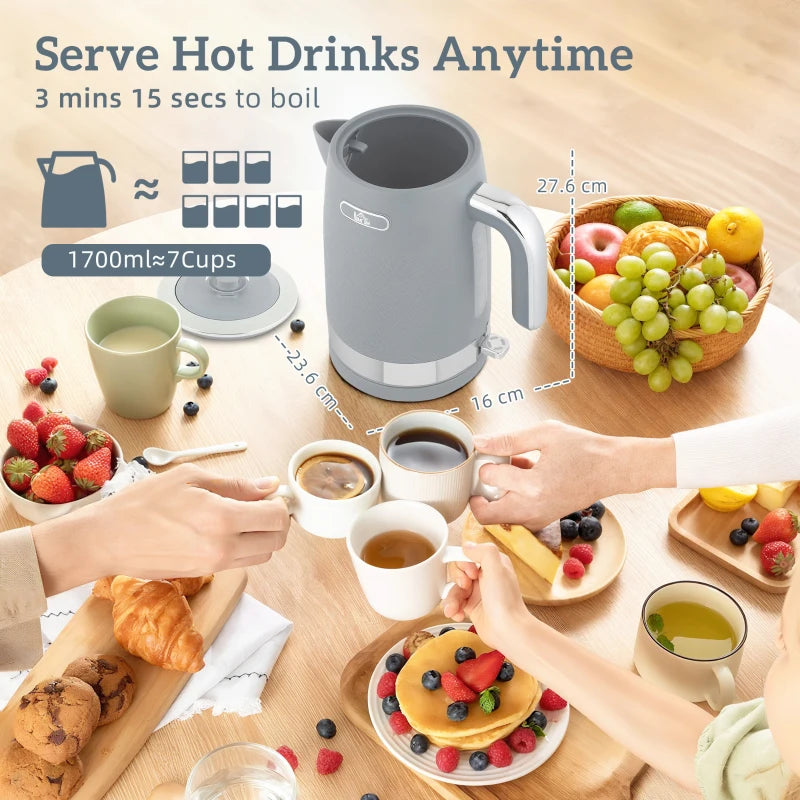 Sleek Grey Textured Kettle & Four-Slice Toaster Set - Modern Kitchen Appliances for Stylish Cooking