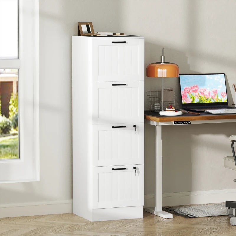 Secure 4 Drawer Filing Cabinet with Lock - Adjustable Hanging Bars for A4 Files - Stylish White Office Storage Solution