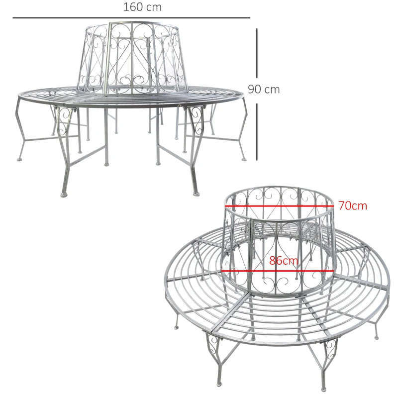 Silver Metal Round Tree Bench - 160cm Diameter, 90cm Height