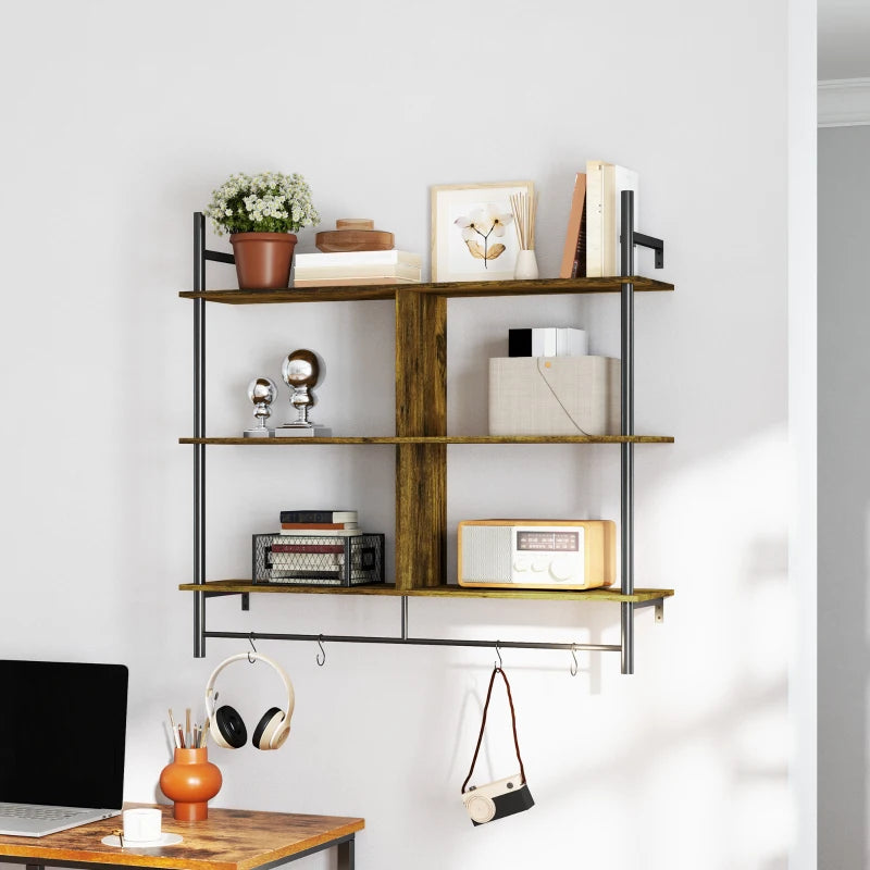 Stylish Three-Tier Floating Shelf - Modern Brown and Black Wall Storage for Home Decor and Organization