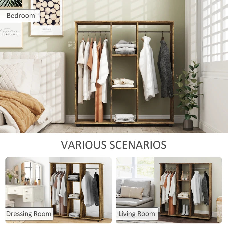 Rustic Brown Double Mobile Open Wardrobe with 6 Wheels and Storage Shelves Organizer