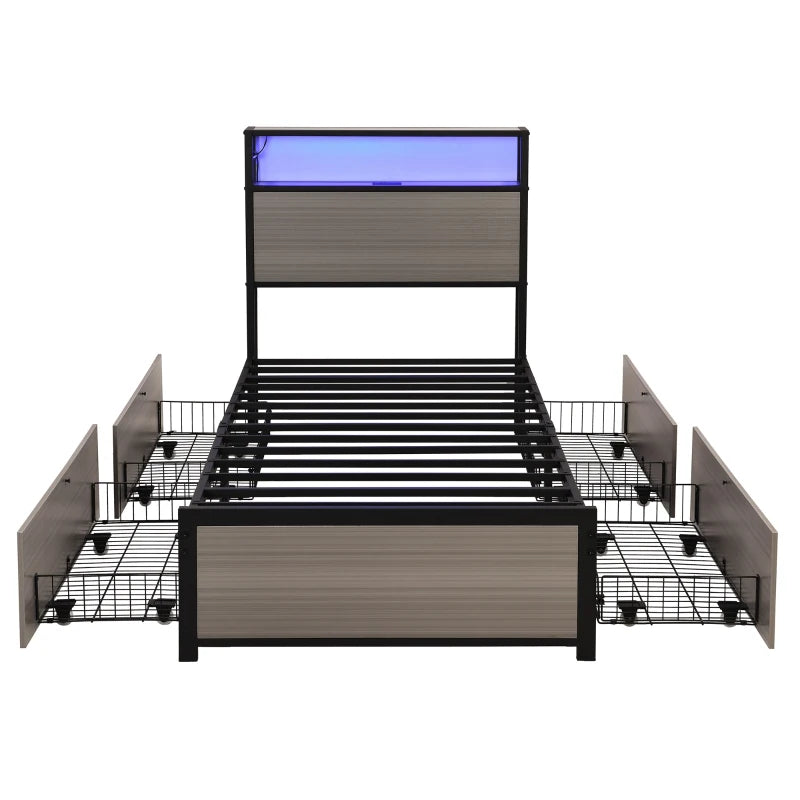 Metal Single Bed with LED Light Strip, 4 Drawers & 3 USB Ports - Stylish Grey Bedroom Furniture, 207x90.5x105 cm