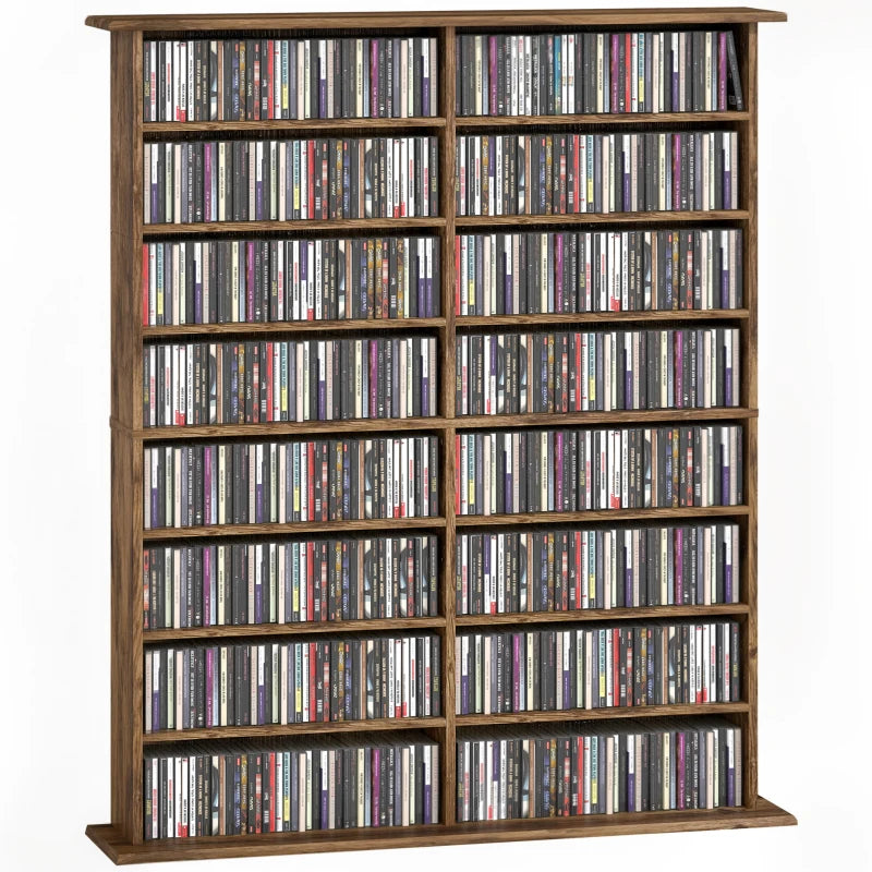 16-Compartment Rustic Brown Media Shelf - Stylish Storage Solution for DVDs, Games, and Books - Perfect for Home Decor