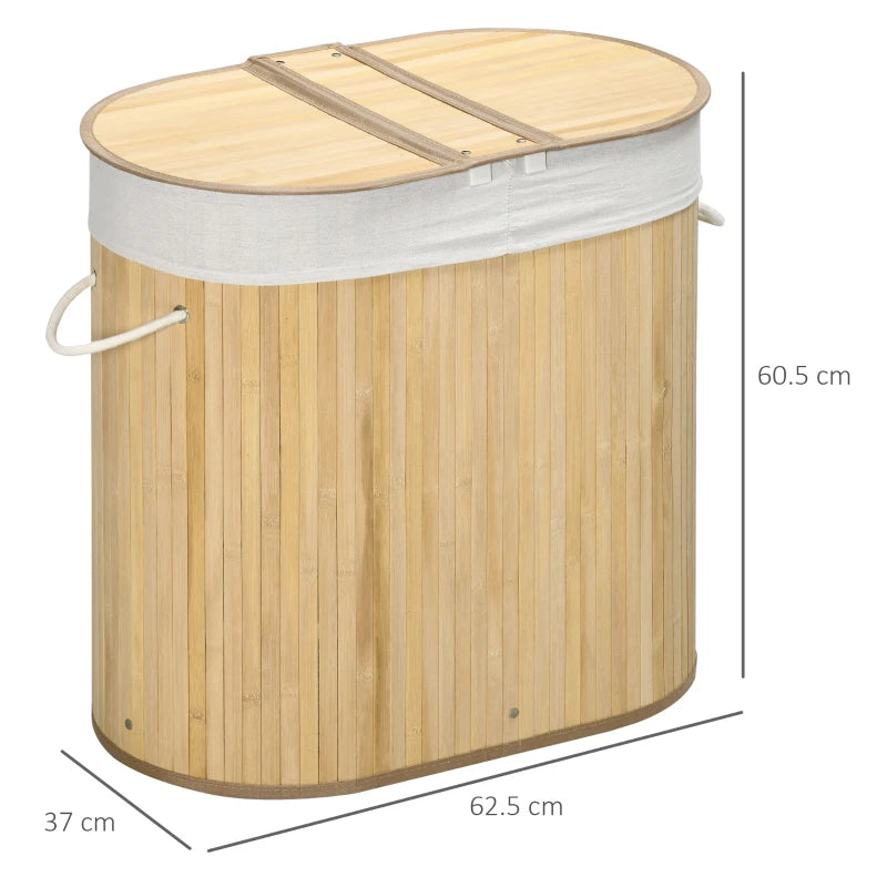 Natural Bamboo Laundry Basket with Lid - 100L Hamper, 2 Sections, Removable Washable Lining, 62.5x37x60.5cm