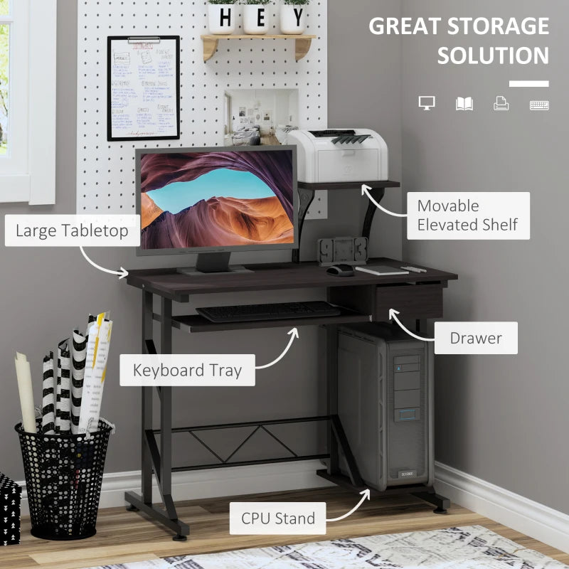 Dark Brown Computer Desk with Display Stand, Sliding Keyboard Tray, Host Box Shelf - Stylish Home Office Workstation