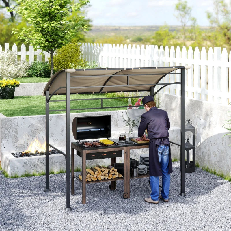 2.2m x 1.5 m Khaki BBQ Grill Gazebo Tent - Outdoor Metal Frame Canopy with 10 Hooks for Garden Shade