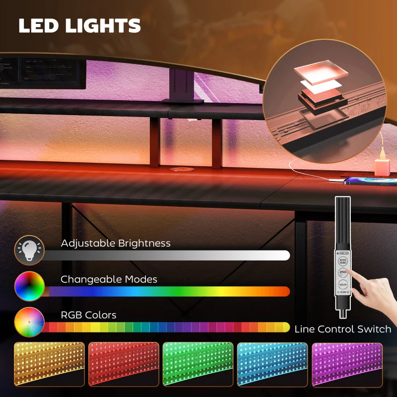 LED Computer Desk with Power Outlets & Shelves - Stylish Carbon Fibre Grey Home Office Furniture