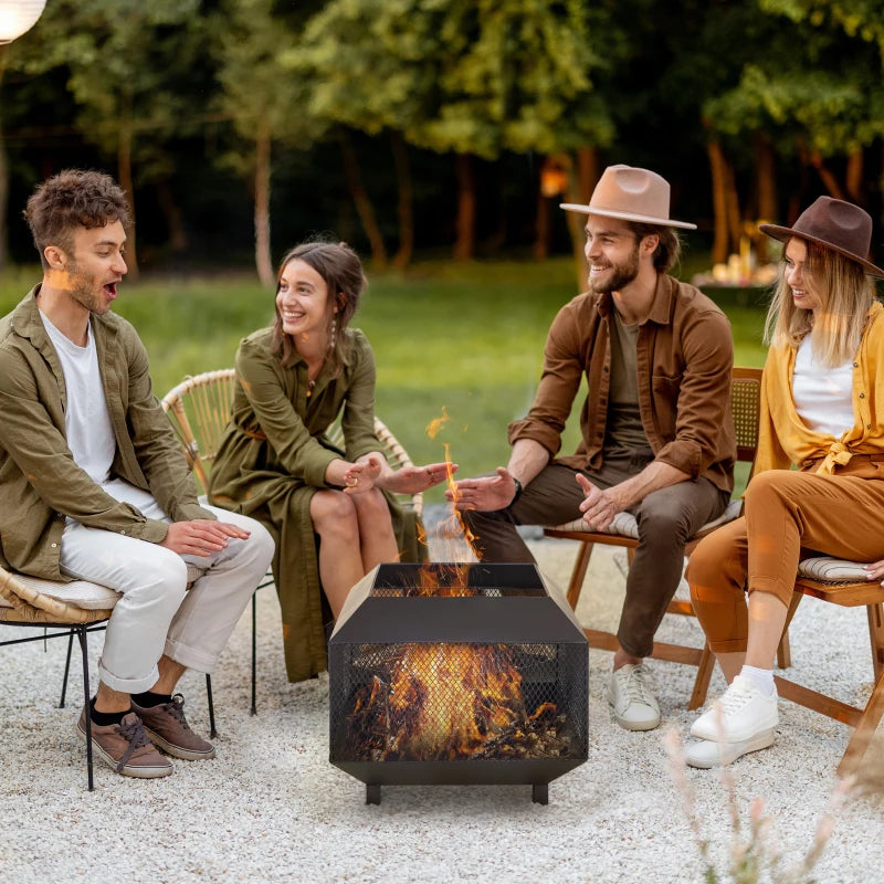 Metal Square Fire Pit with Lid & Poker - Outdoor Mesh Brazier for Backyard, Camping & Bonfire - 44x44x40cm, Black