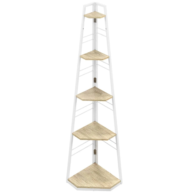 Stylish Five-Tier Corner Shelf - White and Wood-Effect Storage Solution for Home Decor and Organization