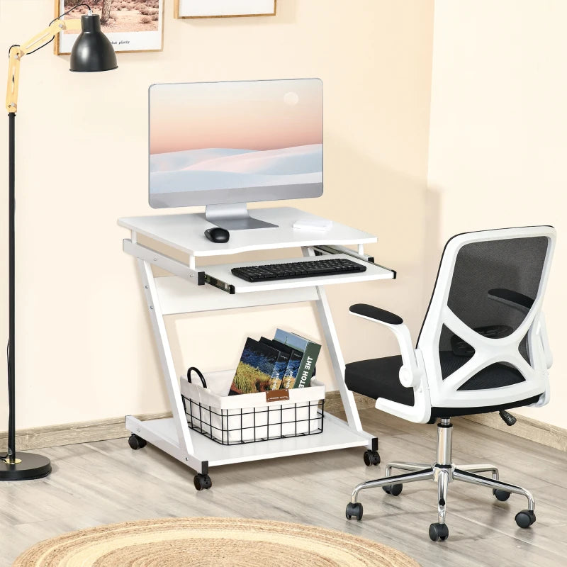 Movable White Computer Desk with 4 Wheels & Sliding Keyboard Tray - Ideal Home Office Workstation