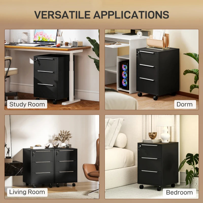 Secure Black Three-Drawer Locking Filing Cabinet for Home Office - Stylish Storage Solution for Documents and Files