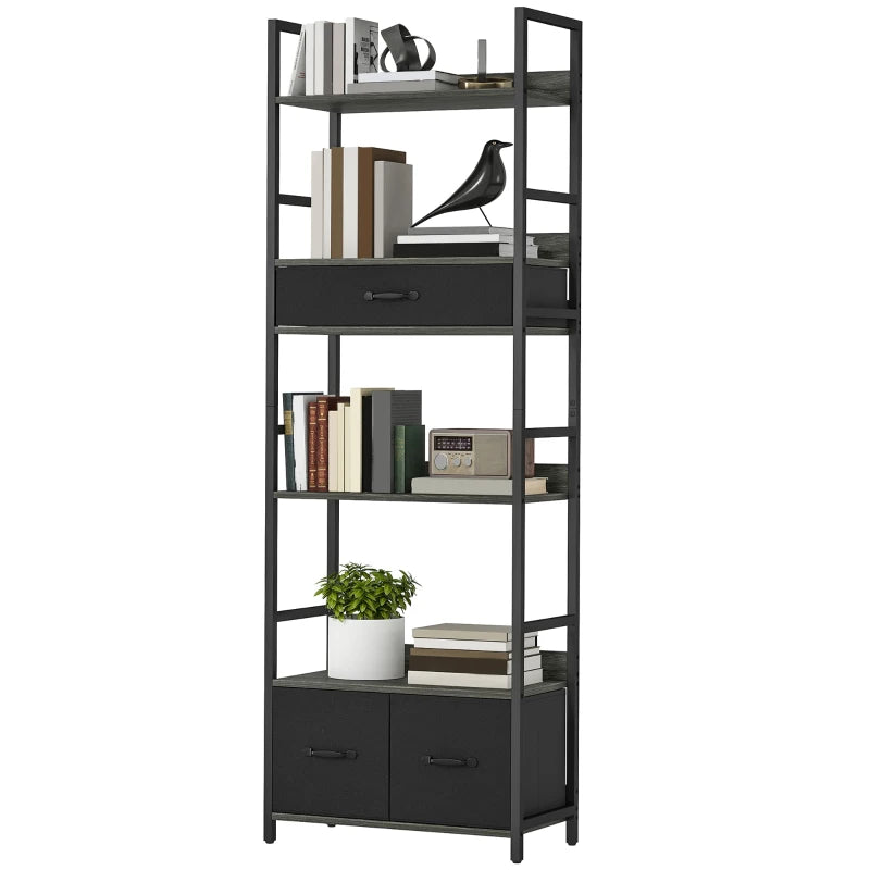 Industrial Style Bookcase with 4 Shelves & 3 Fabric Drawers - Modern Grey/Black Storage Solution for Home or Office