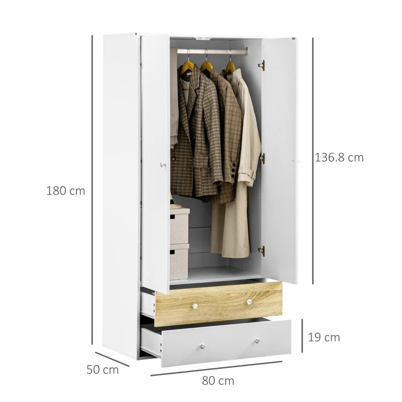 Stylish 2-Door Wardrobe with Drawers and Hanging Rod for Bedroom Storage Solutions