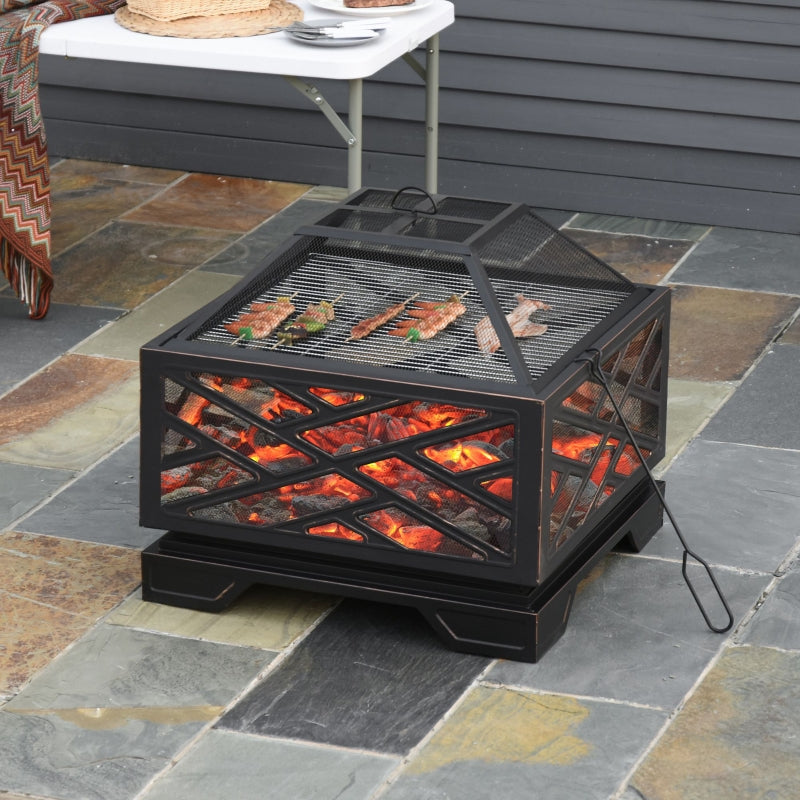 Black Square Fire Pit with Grill Shelf and Lid