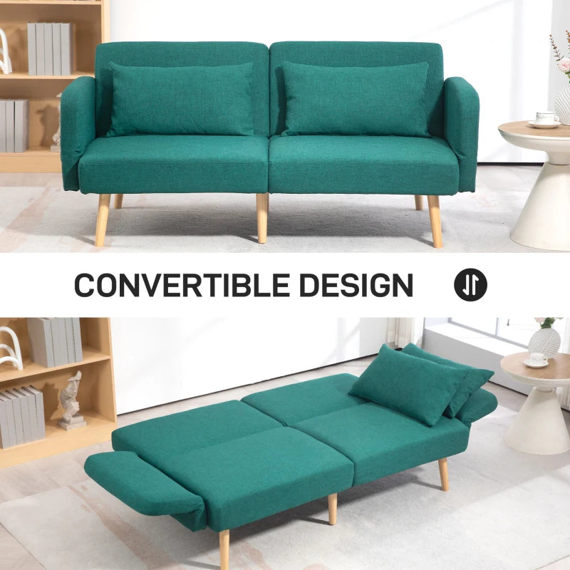 Convertible 2/3 Seater Sofa Bed in Green Fabric with Cushions for Living Room or Guest Room