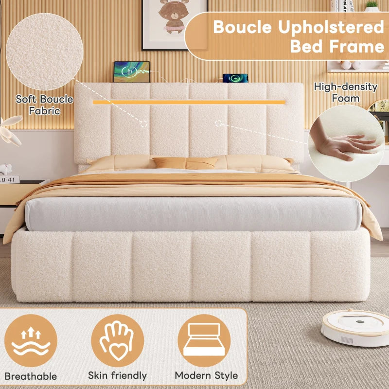 Double Upholstered Bed Frame with Hydraulic Storage and LED Headboard for Modern Bedrooms