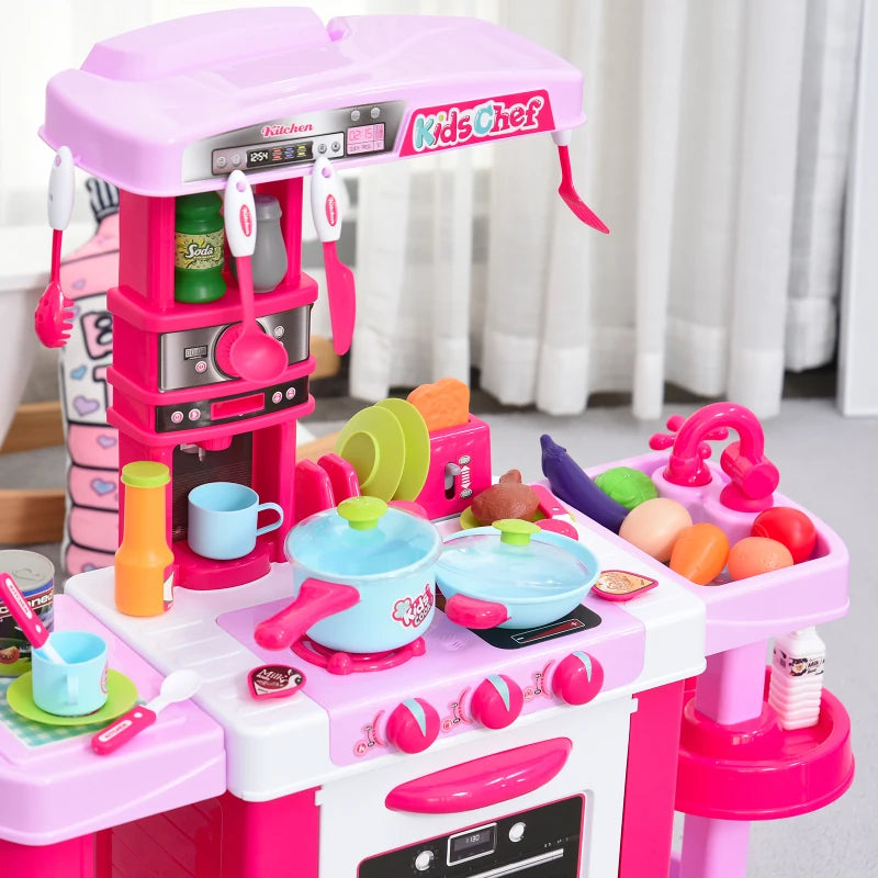 38-Piece Kids Kitchen Play Set with Realistic Sounds & Lights - Food, Utensils, Pots, Pans & Appliances - Pink Toy Game