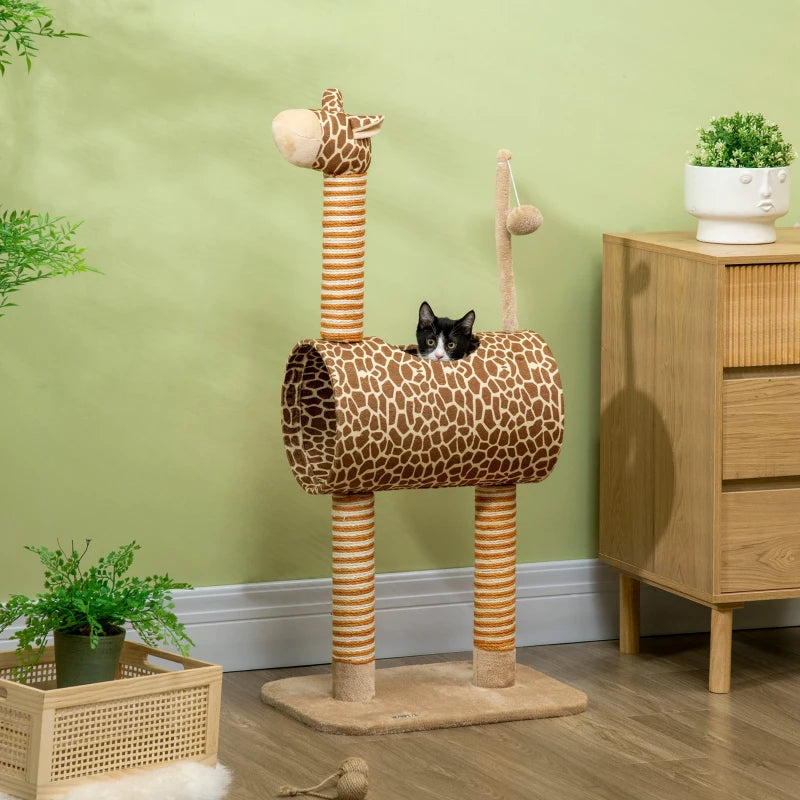 Unique Giraffe-Designed Cat Tree with Scratching Posts, Cat Tunnel & Toy Ball - Beige for Playful Cats