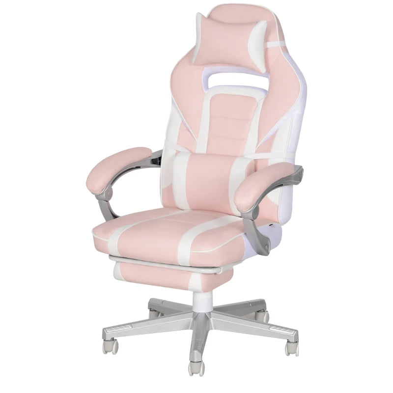 Faux Leather Pink/White Reclining Gaming Chair with Footrest - Ergonomic Comfort for Gamers
