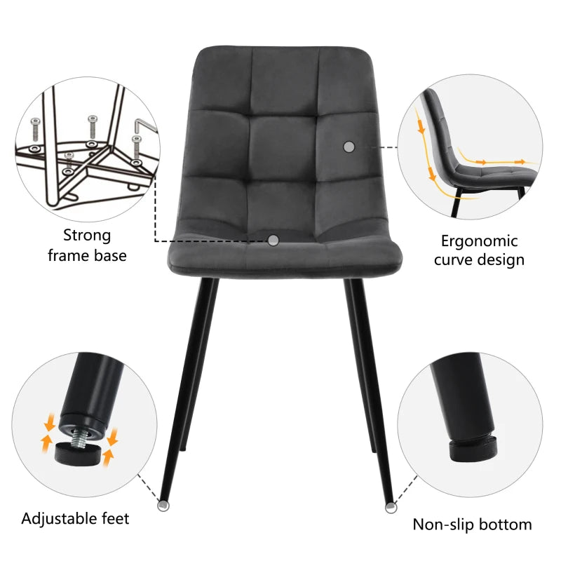 Set of 4 Ergonomic Velvet Dining Chairs with Metal Frame and High-Density Foam Padding in Grey