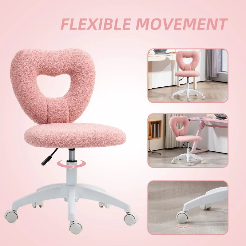 Pink Armless Heart Computer Desk Chair - Teddy Fleece Swivel Office & Makeup Vanity Chair, Height Adjustable with Wheels for Home Study