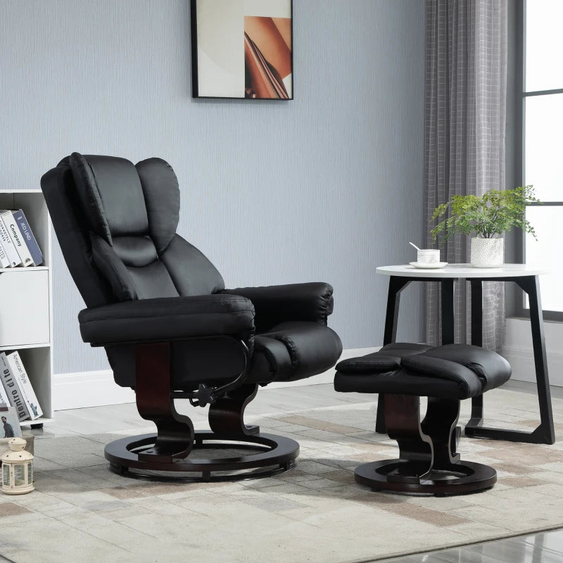 Faux Leather Recliner Chair with Footstool - Swivel Armchair with Adjustable Backrest and Solid Wood Base in Black