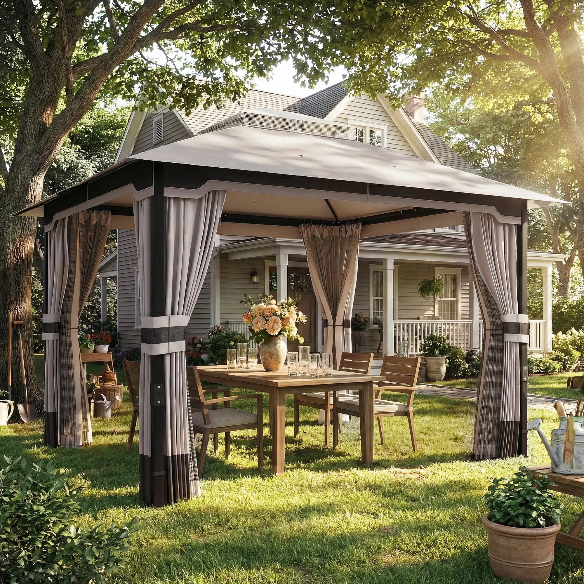 3 x 3.6m Ventilated Double Roof Garden Gazebo with Curtains & Mesh Netting, Heavy Duty Metal Frame Outdoor Patio Pavilion, Khaki