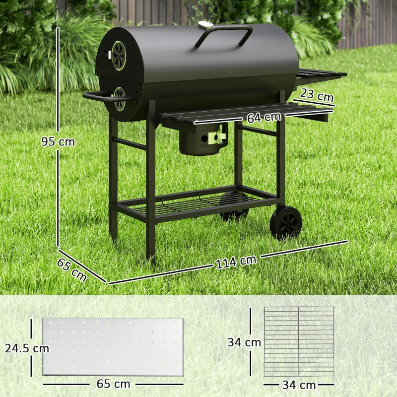 Portable Charcoal BBQ Grill with Foldable Shelf, Smoker, Temperature Gauge, Wheels for Outdoor Cooking