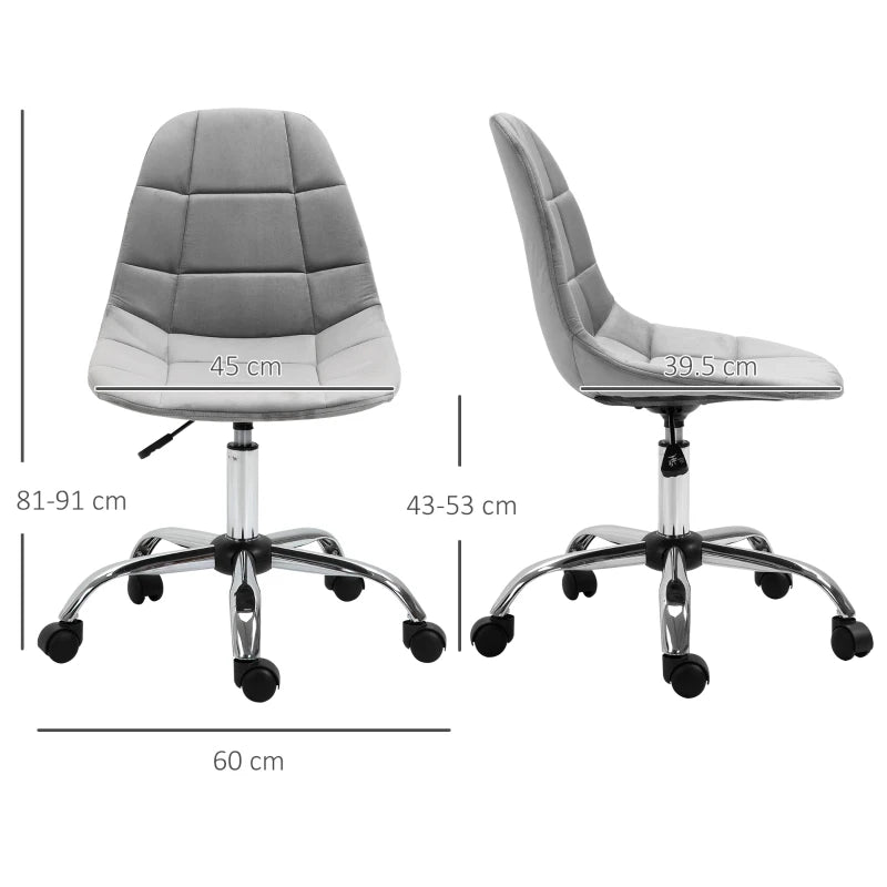 Vinsetto Ergonomic Velvet Office Chair - Adjustable Height, Armless Design, Wheels - Stylish Grey Executive Chair for Home & Study