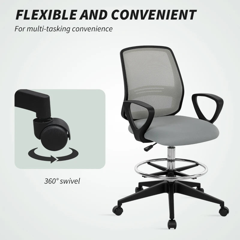 Vinsetto Light Grey Draughtsman Office Chair with Footrest - Adjustable Height, Ergonomic Design, 100-120cm for Comfort & Style