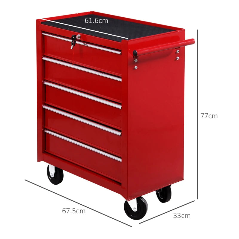 Red Lockable 5 Drawer Tool Chest on Wheels