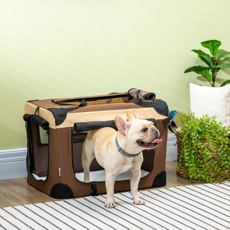 60cm Foldable Pet Carrier with Cushion for Mini Dogs & Cats - Stylish Brown Travel Bag