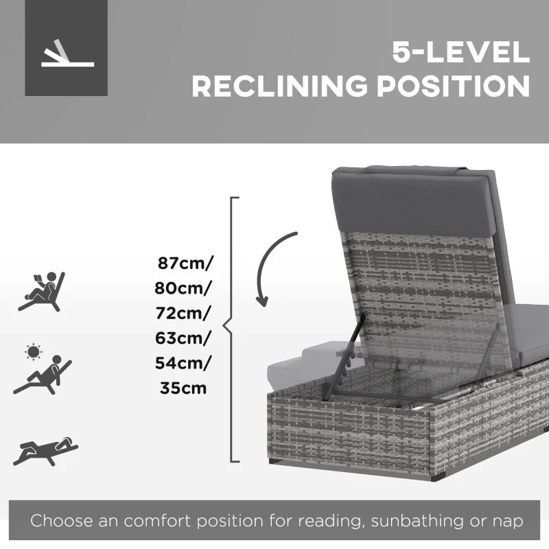 Grey Rattan Sun Lounger with Cushion & Tea Tray - 5-Level Reclining Outdoor Patio Furniture