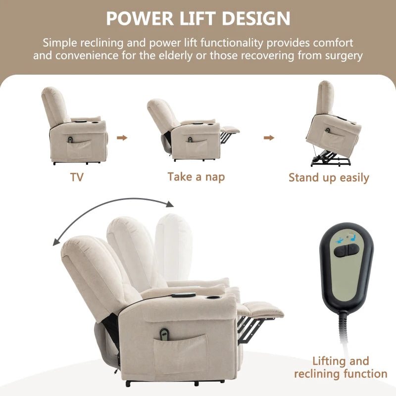 Electric Power Lift Massage Chair with Heating, Side Pockets, Stand Assist, Cup Holders, Recliner for Elderly, Beige