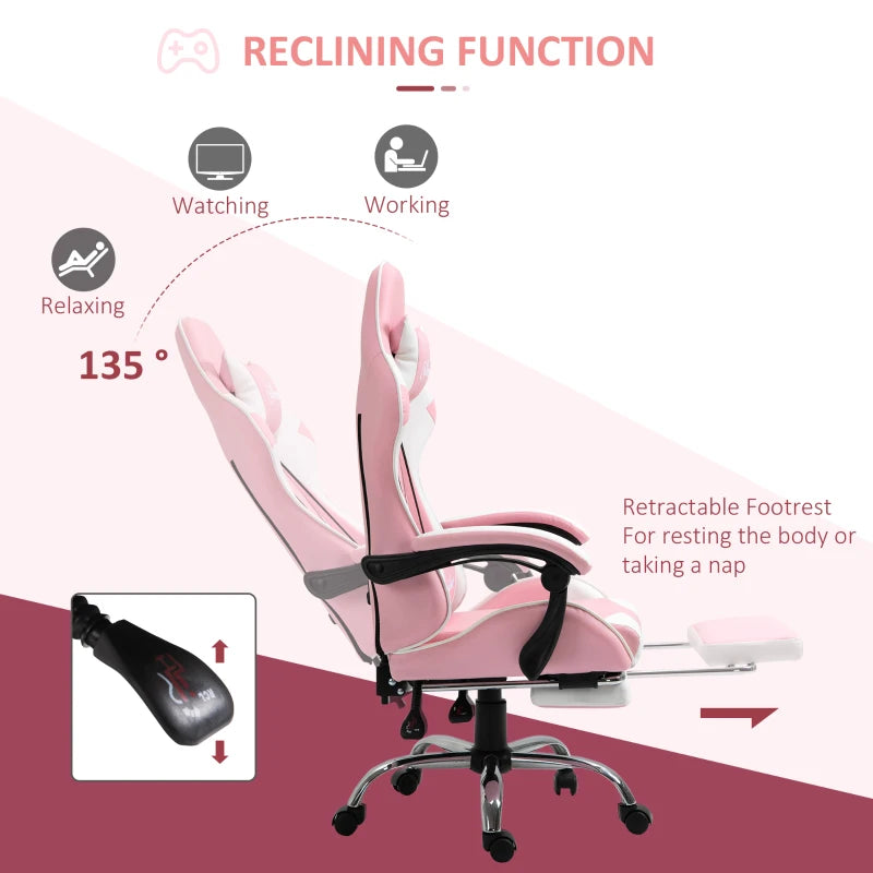 Vinsetto Pink Ergonomic Gaming Chair - PU Leather Reclining Computer Chair with Footrest, Lumbar Support & Adjustable Height for Adults