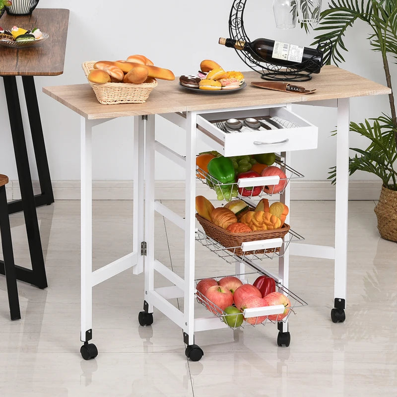 Drop-Leaf Kitchen Cart Trolley with 3 Baskets & Drawer - Rolling Storage Unit on 6 Wheels - White Oak Tone