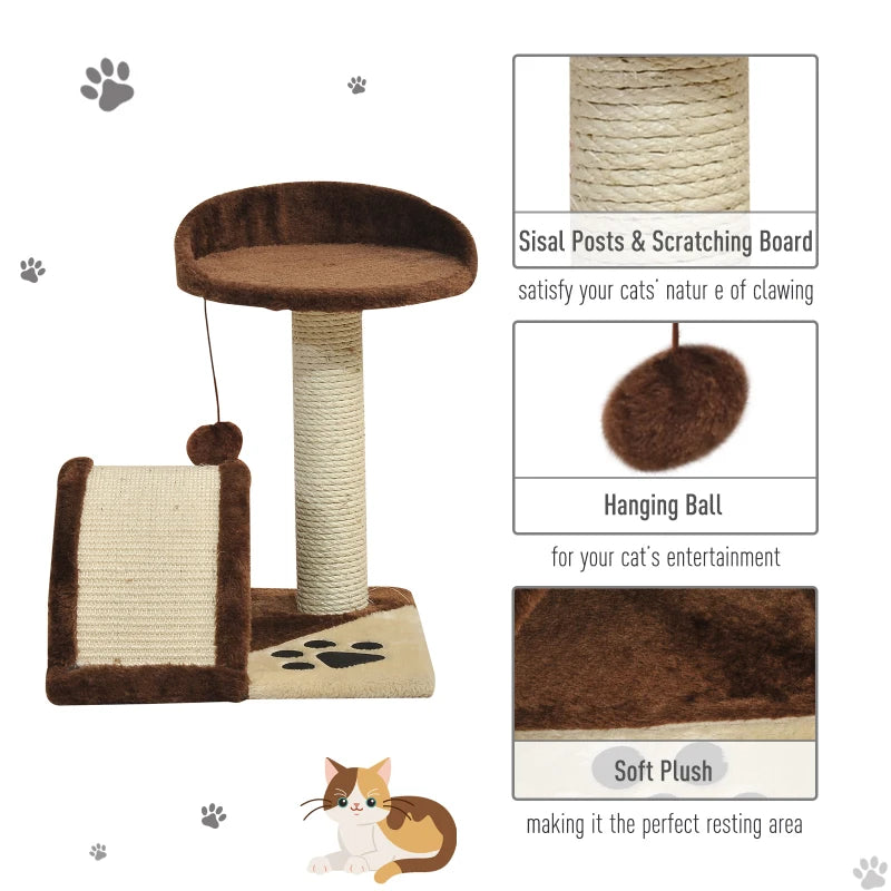 Brown Cat Tree Scratching Post - Kitten Activity Centre with Climber & Hanging Ball - Durable Scratcher for Cats