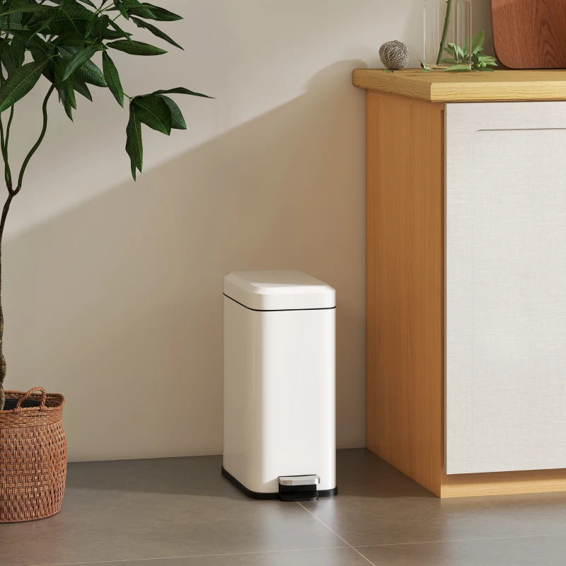 5L Rectangular Compact Steel Trash Can with Removable Bucket & Quiet-Close Lid - Ideal for Home, Office, Bathroom, Living Room - Clean White