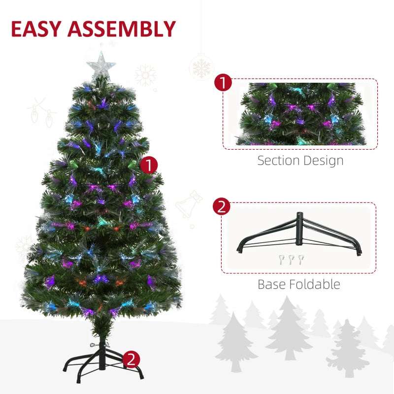 4FT Multicoloured Artificial Christmas Tree with Fibre Optic Lights, Pre-Lit Modes, Metal Stand & Star Holder - Festive Home Decoration