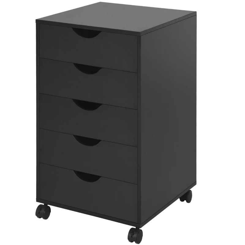 Modern 5 Drawer Mobile Filing Cabinet - Vertical Office Storage Organizer, Rolling Cupboard in Black for Efficient Workspace