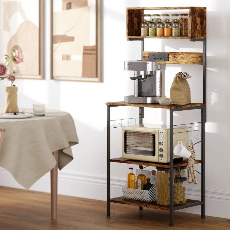 Rustic Brown Bakers Rack with Power Outlet & USB Charger - Adjustable Microwave Stand & Kitchen Storage Unit with 5 Hooks