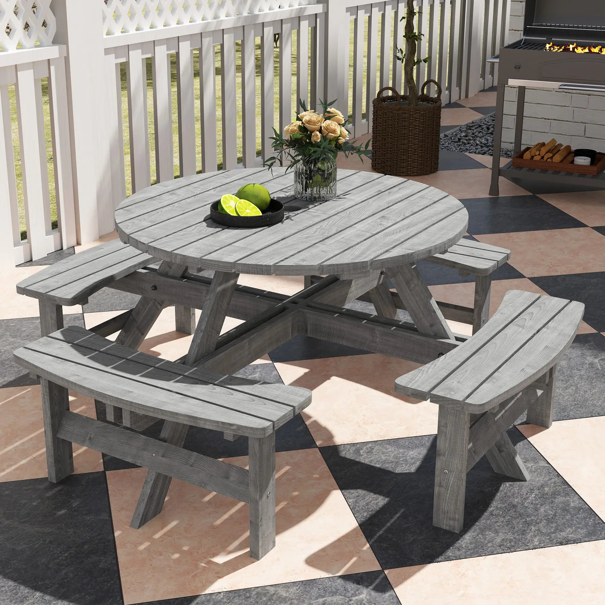 Grey Fir Wood 8-Seater Wooden Picnic Set -  Slatted Tabletop - Suits 8 People
