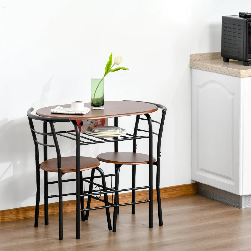 3 Piece Metal Frame Wood Top Dining Table Set with Storage Shelf and 2 Chairs for Breakfast Bar or Dining Room