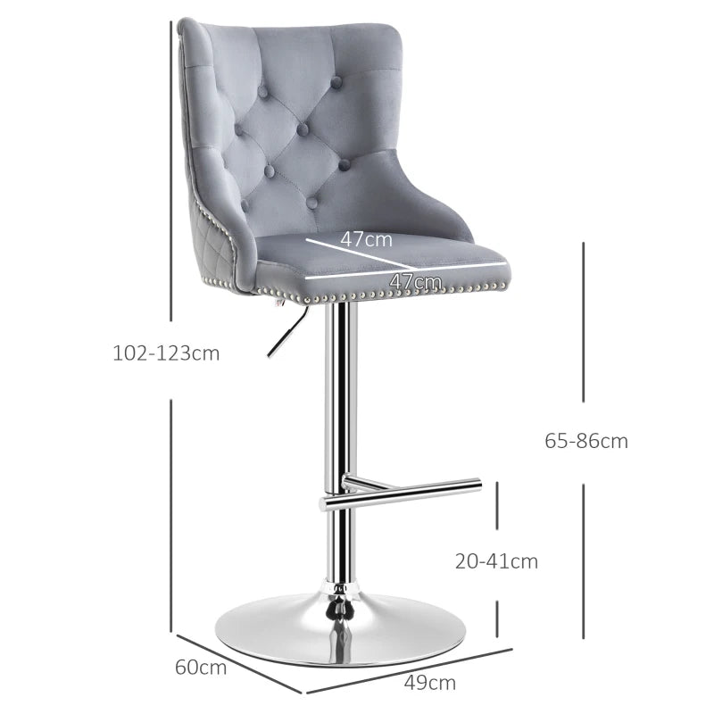 Modern Velvet Bar Stools Set of 2 - Adjustable Swivel Design with Button Tufted Back & Nailhead Trim, Grey
