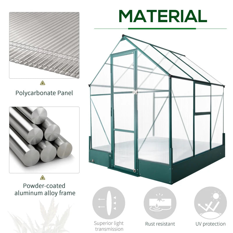 Green Polycarbonate Garden Greenhouse with Plant Bed, 6x6ft