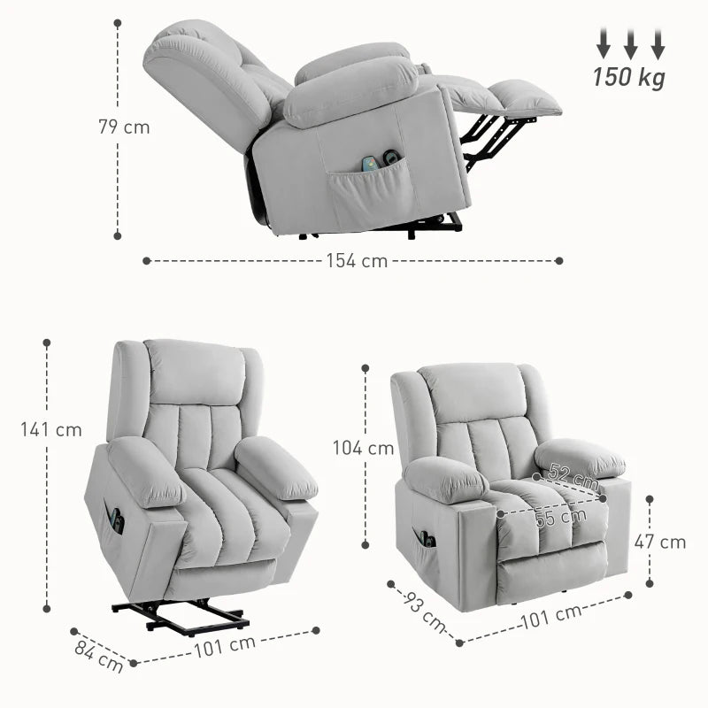 Light Grey Velvet Electric Riser Recliner Armchair with Massage Function for Ultimate Comfort