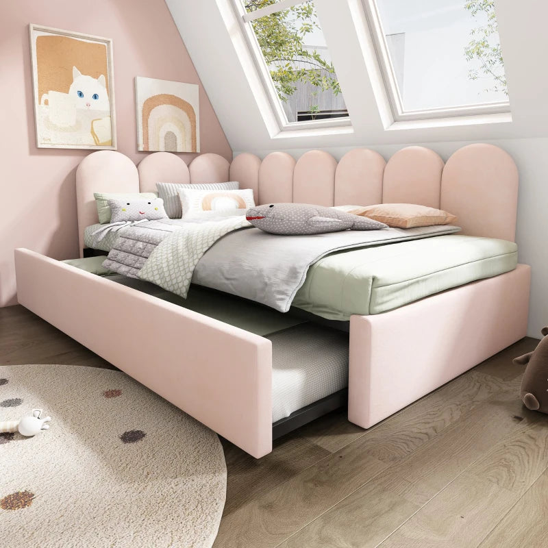 Pink Upholstered Daybed with Pull-Out Bed, 3FT Single Sofa Bed, Metal Slatted Frame, Easy Assembly, 193L x 97W x 76H cm