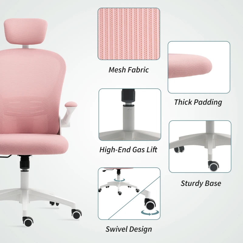 Vinsetto Pink Multi-Adjustable Office Chair with Lumbar Support, Headrest & Breathable Mesh Back for Comfort & Style