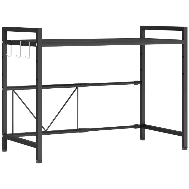 Expandable Microwave Oven Rack with 3 Hooks - Space-Saving Kitchen Organizer, Black - Perfect for Small Spaces