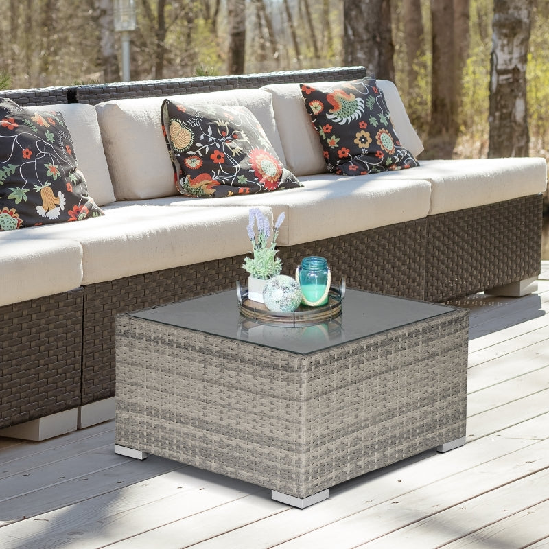 Square Wicker Rattan Table with Glass Top - Light Grey